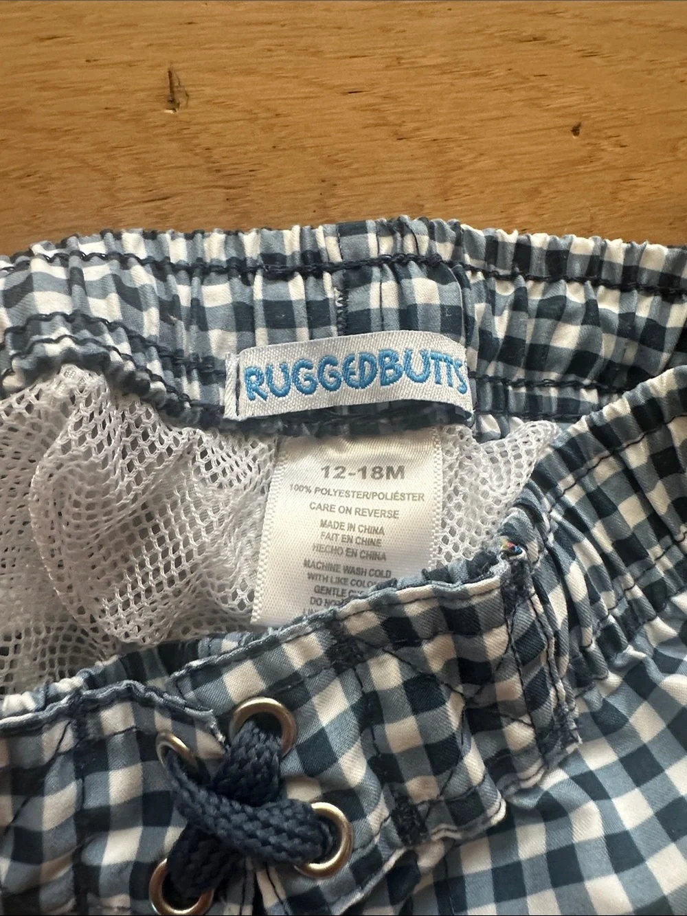 Baby Blue Gingham Swim Trunks with Drawstring Waist